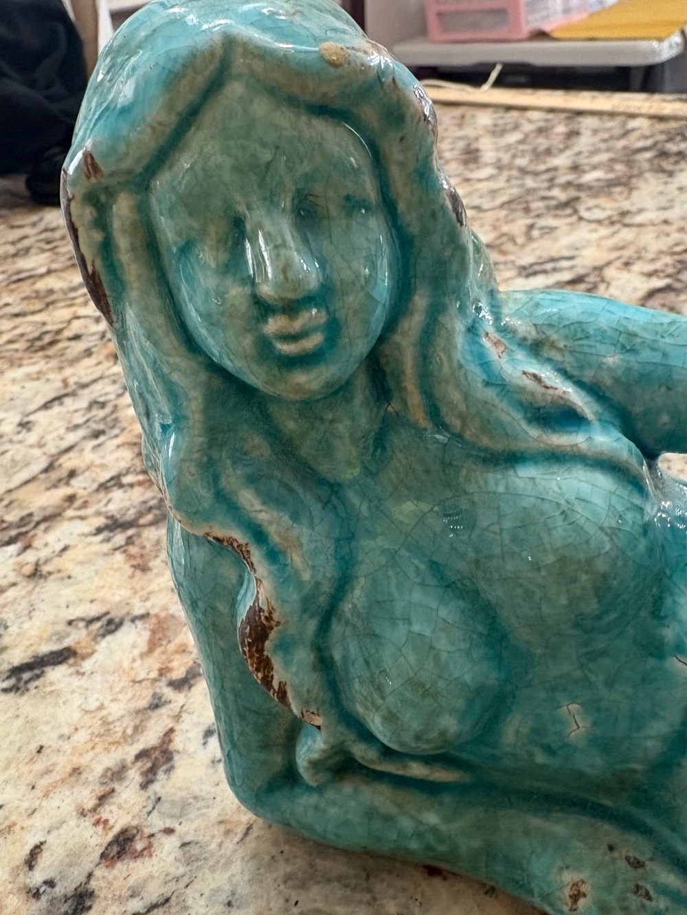 Glossy Blue Green Ceramic Mermaid Statue W/ Distressed Antique Finish 13.5" - Picture 9 of 9